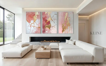 Abstract Pink and Gold Triptych - Hand Painting