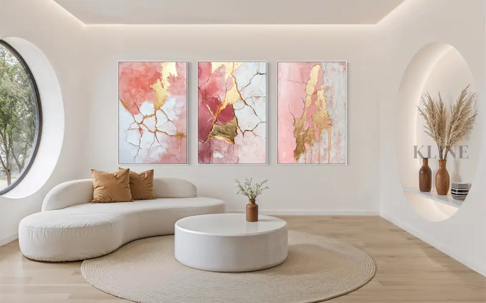 Abstract Pink and Gold Triptych - Hand Painting