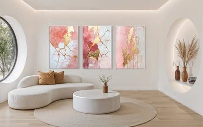 Abstract Pink and Gold Triptych - Hand Painting