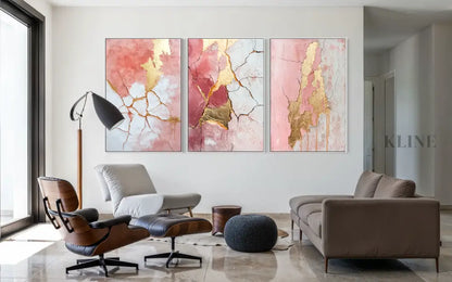 Abstract Pink and Gold Triptych - Hand Painting