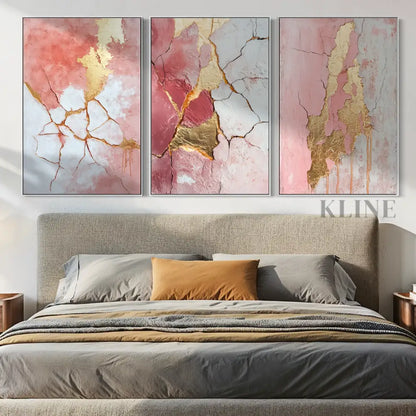 Abstract Pink and Gold Triptych - Hand Painting