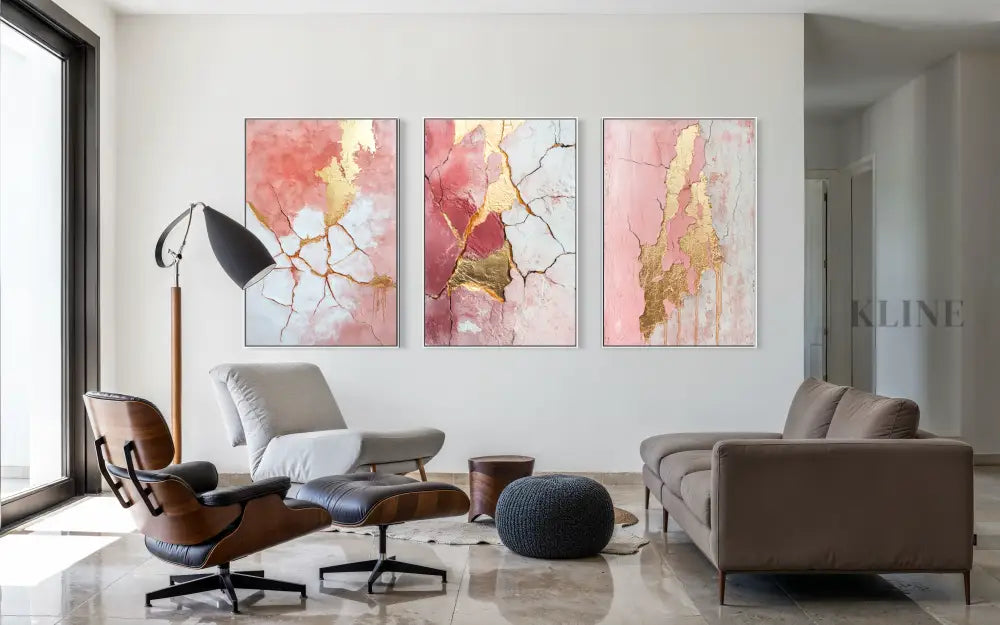 Abstract Pink and Gold Triptych - Hand Painting 
