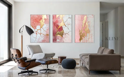 Abstract Pink and Gold Triptych - Hand Painting