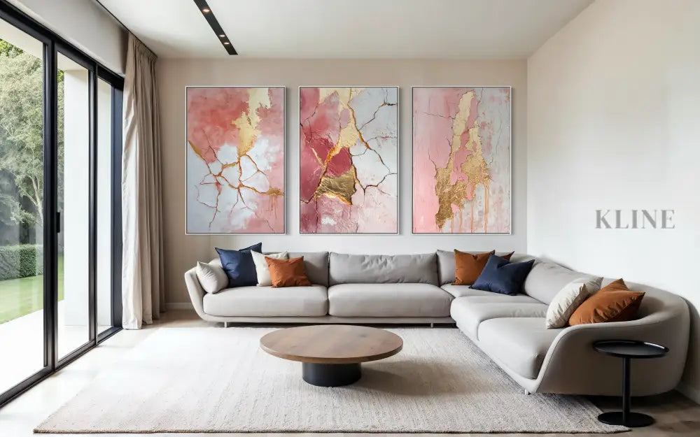 Abstract Pink and Gold Triptych - Hand Painting