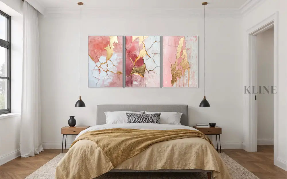 Abstract Pink and Gold Triptych - Hand Painting 