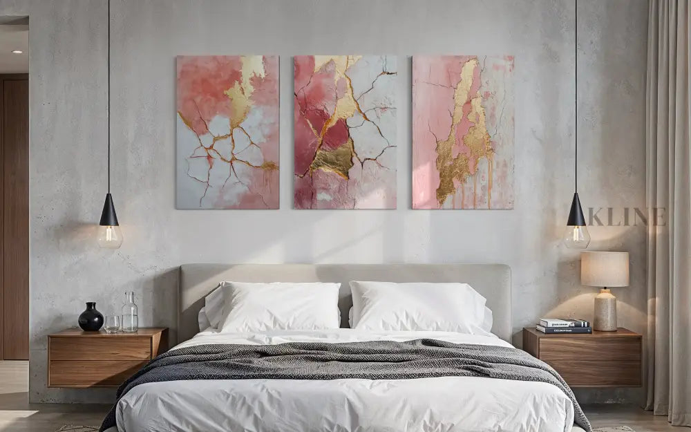 Abstract Pink and Gold Triptych - Hand Painting