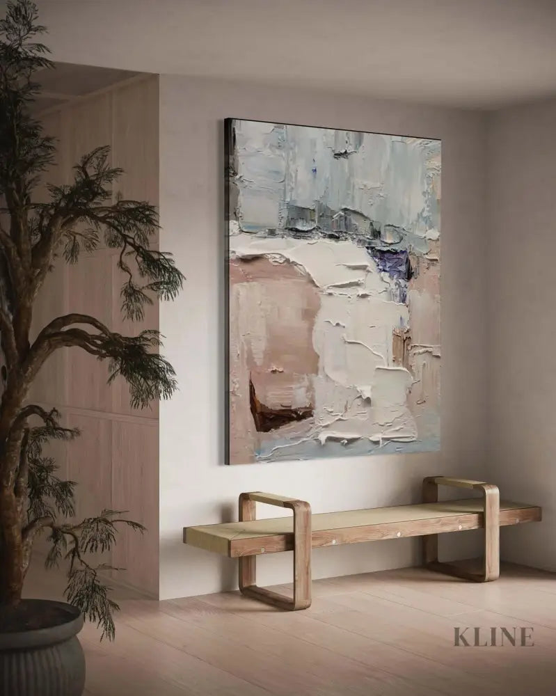 Hand-painted wall art by Kline Collective® enhancing a modern interior space with soft colors. Shop All