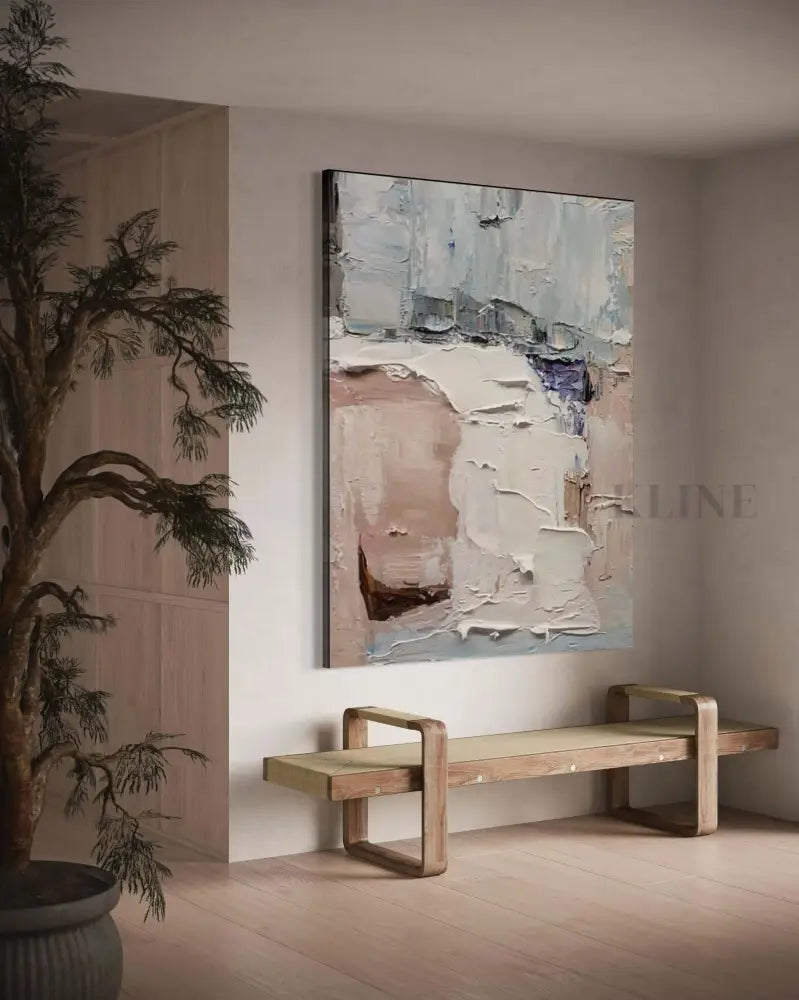 Hand-painted wall art by Kline Collective® enhancing a modern interior space with soft colors. 