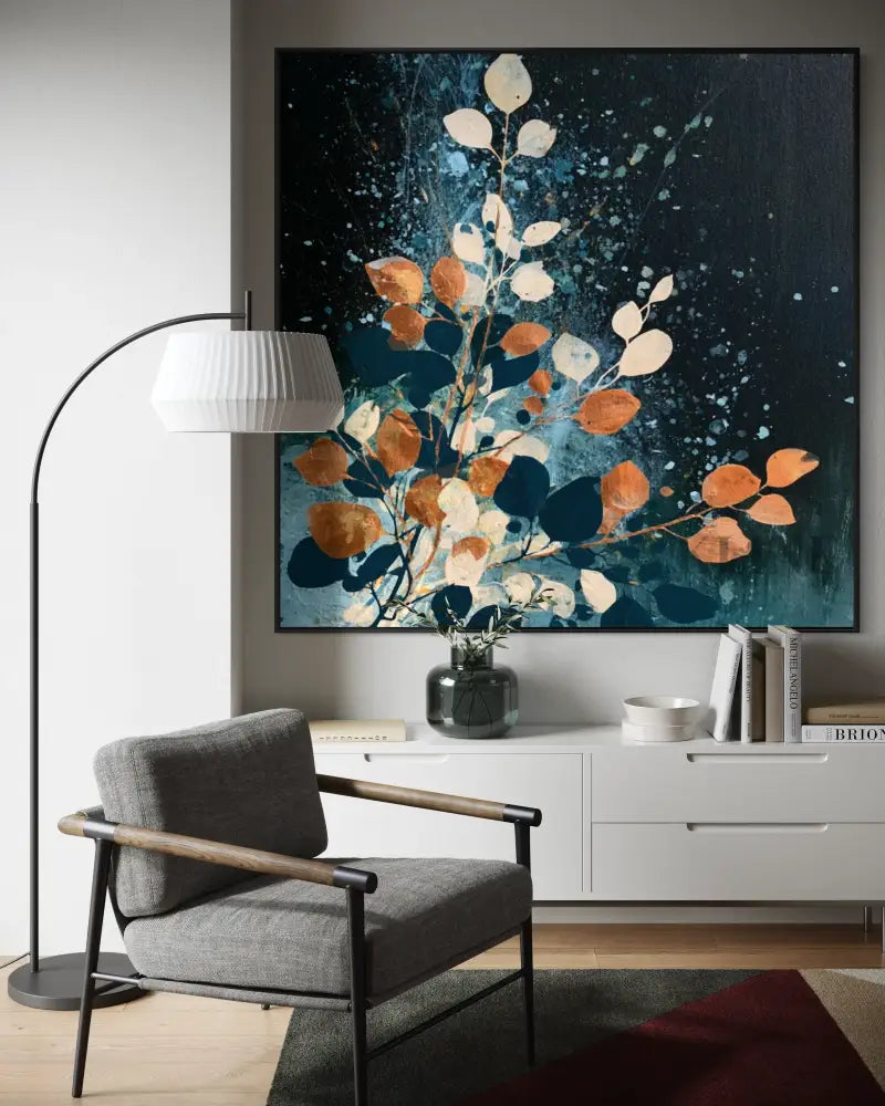 Autumn Leaves on Midnight Blue - Hand Painting فن الجدار البرتقالي