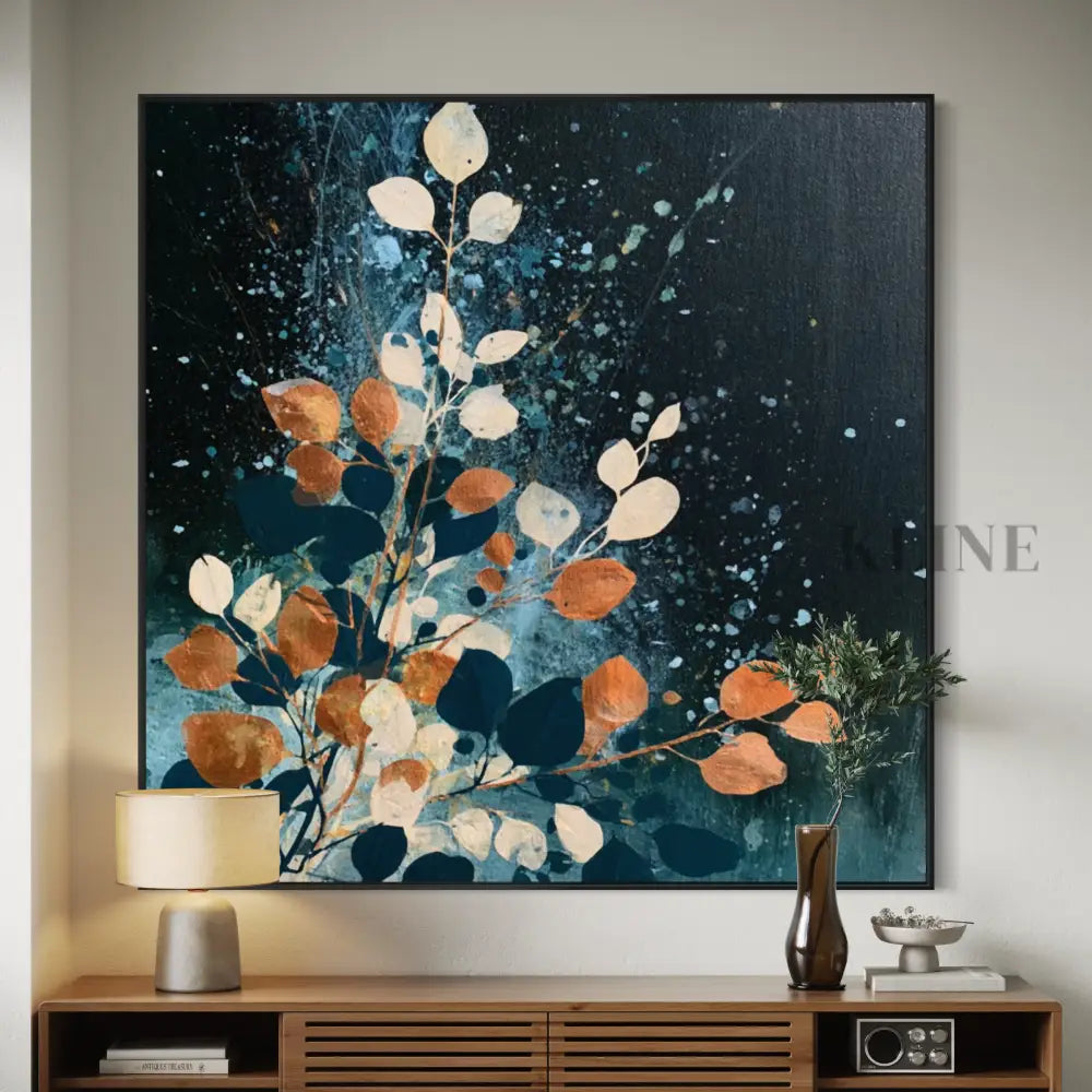 Autumn Leaves on Midnight Blue - Hand Painting فن الجدار البرتقالي