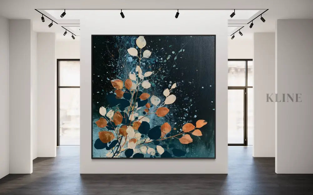 Autumn Leaves on Midnight Blue - Hand Painting فن الجدار البرتقالي