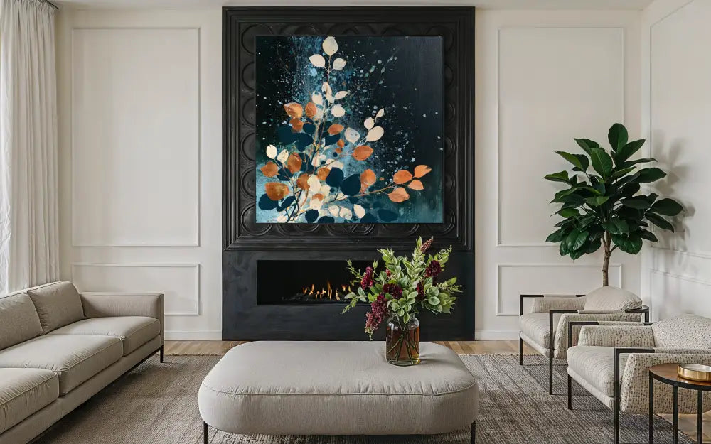 Autumn Leaves on Midnight Blue - Hand Painting فن الجدار البرتقالي