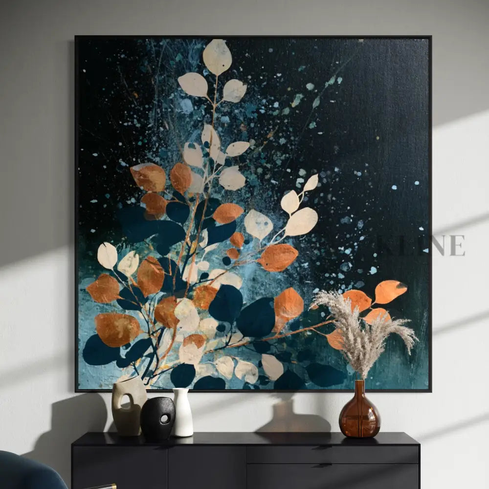 Autumn Leaves on Midnight Blue - Hand Painting فن الجدار البرتقالي