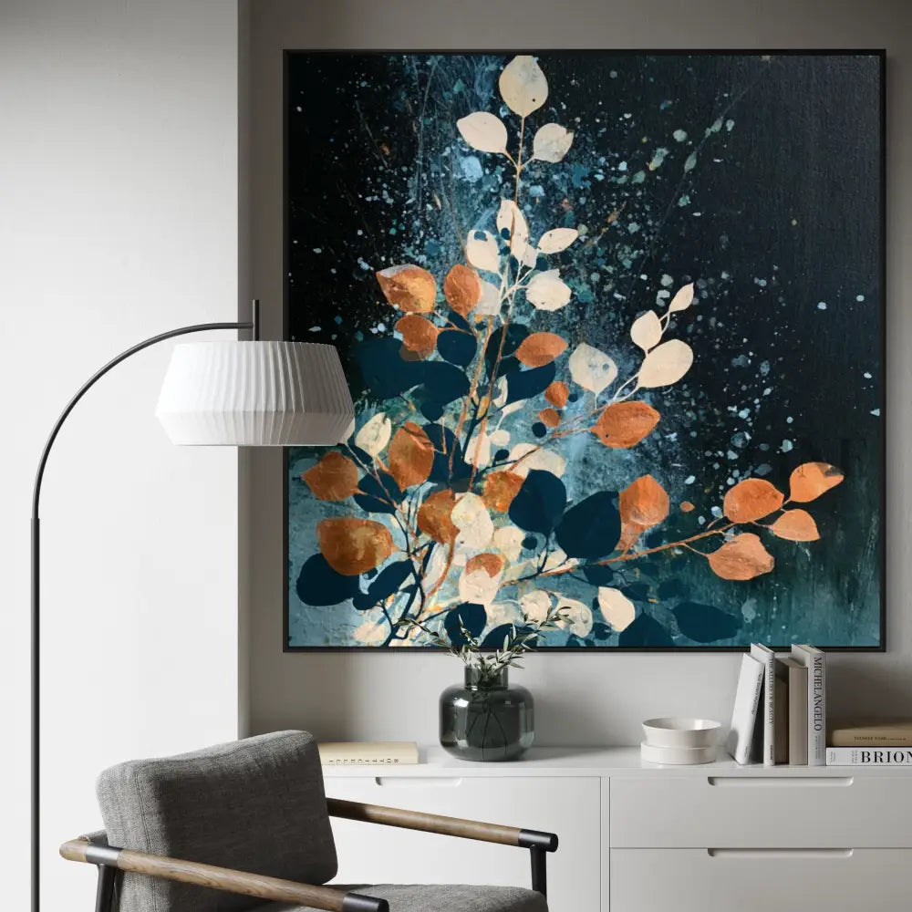 Autumn Leaves on Midnight Blue - Hand Painting فن الجدار البرتقالي