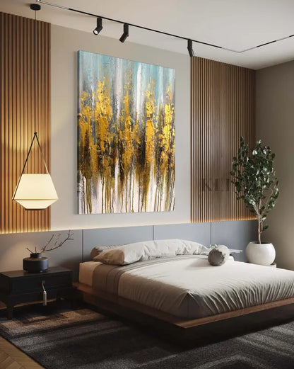 Hand-painted wall art featuring golden trees, enhancing a modern bedroom decor by Kline Collective®.