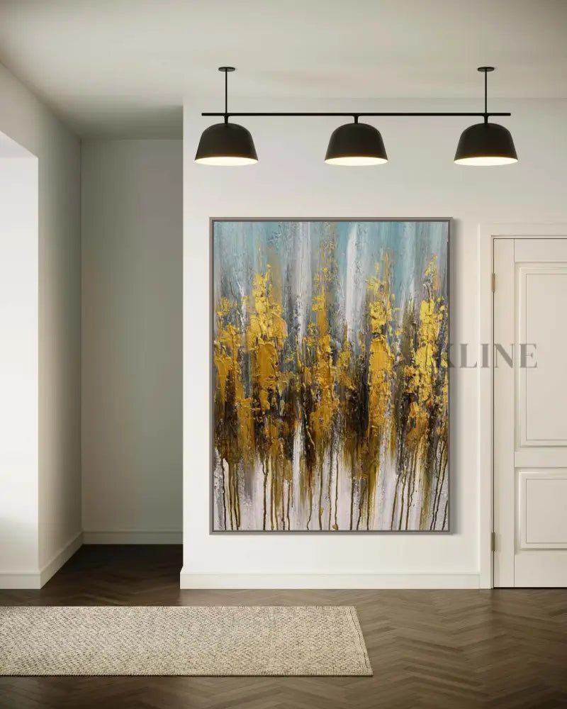 Vibrant hand-painted wall art featuring gold and blue colors, elevating modern home decor by Kline Collective®. 