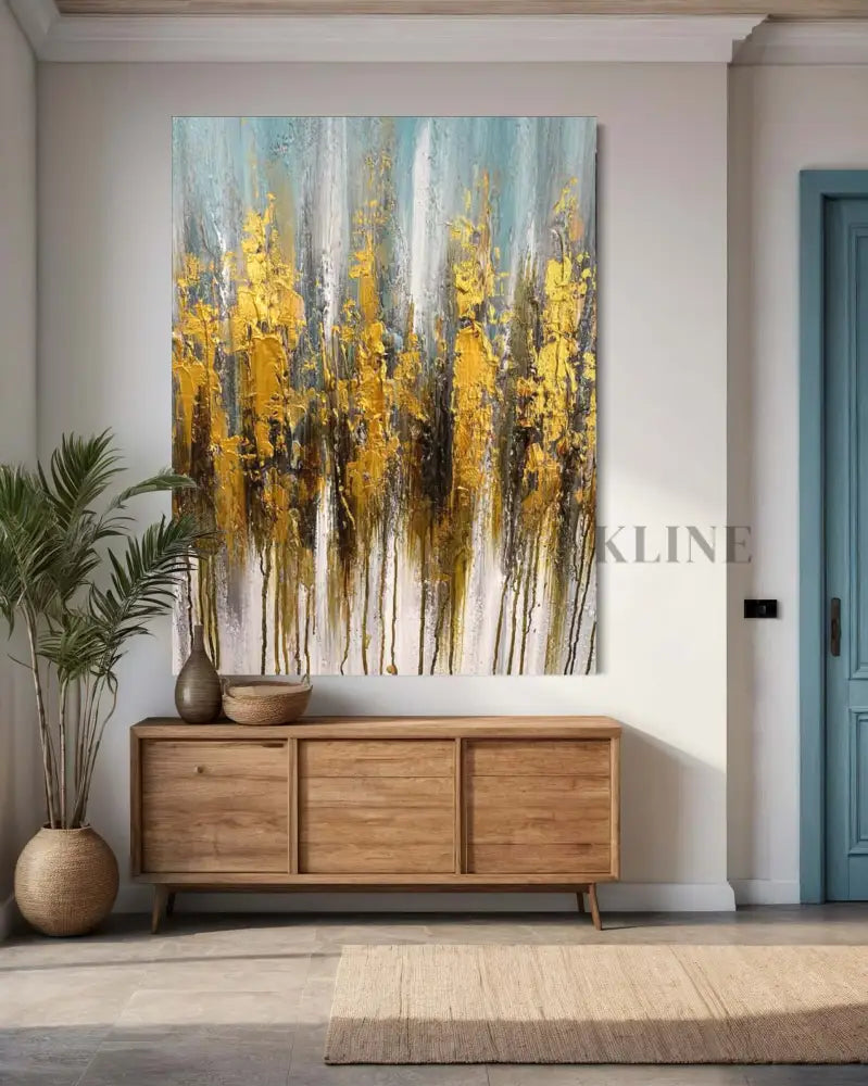 Hand-painted wall art featuring vibrant yellow and blue tones, enhancing home decor with style and elegance. Pinturas originales en venta