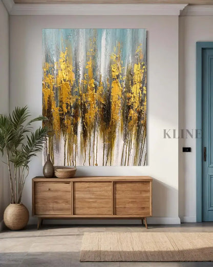 Hand-painted wall art featuring vibrant yellow and blue tones, enhancing home decor with style and elegance.