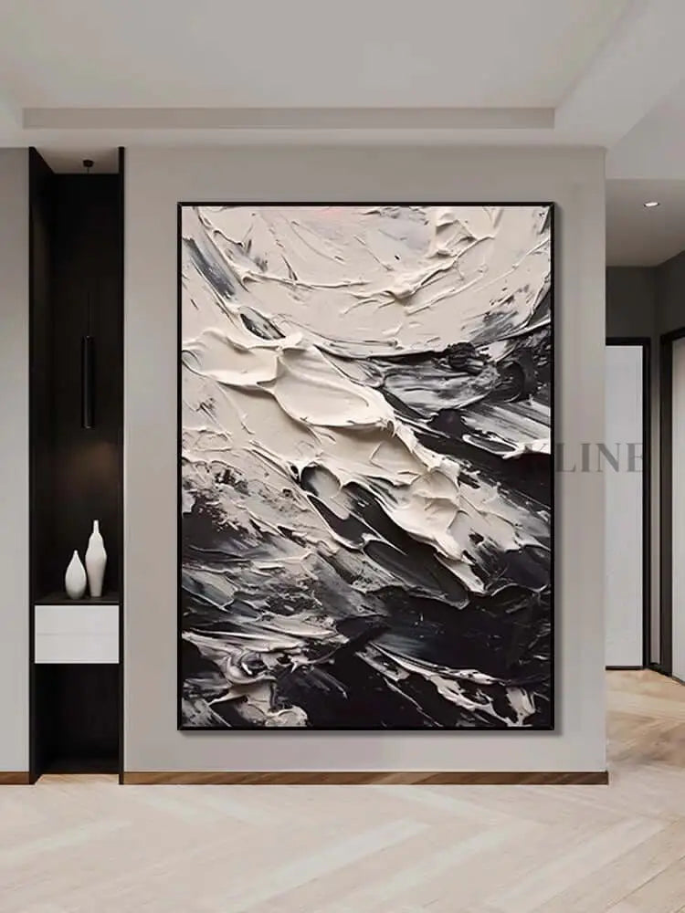 Black and Cream Textured Seascape - Hand Painting لوحات بالأبيض والأسود