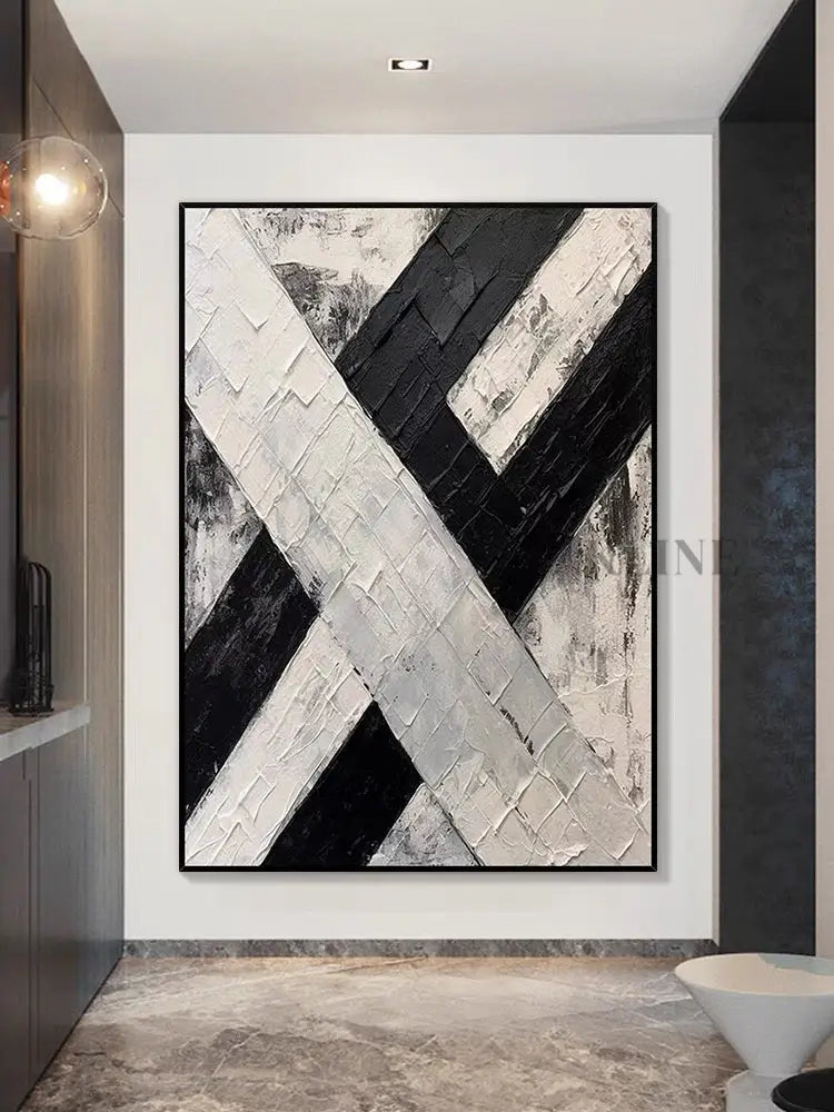 Black and Cream White Knife Painting - Hand Painting Lounge Wall Art