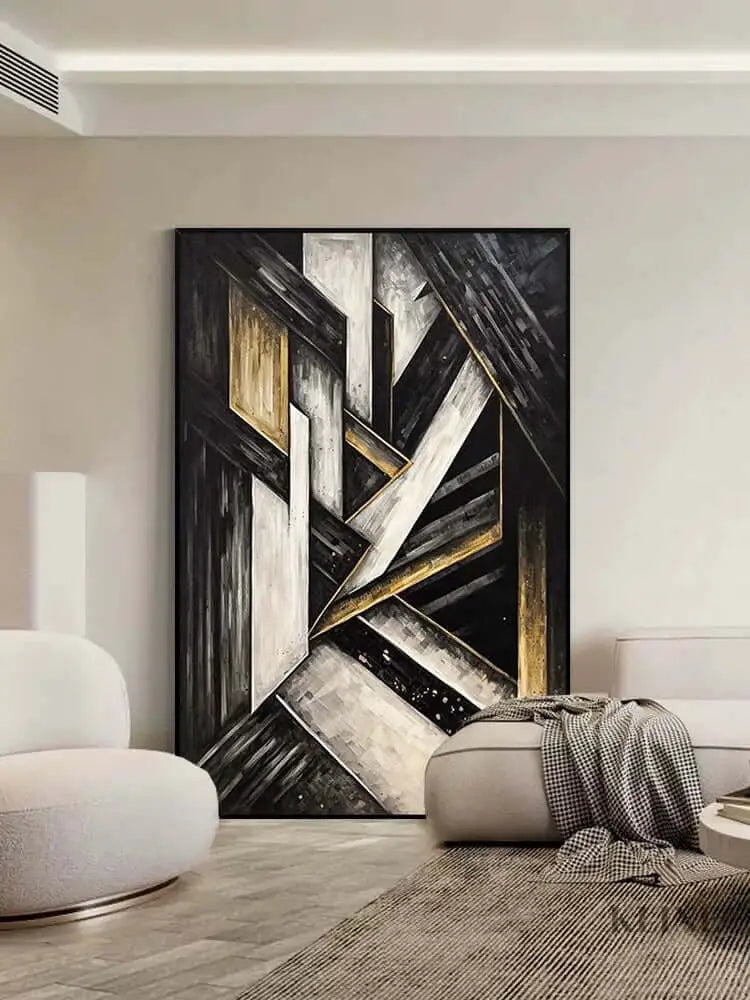 Black and Golden Geometric Textured Wall Art - Hand Painting
