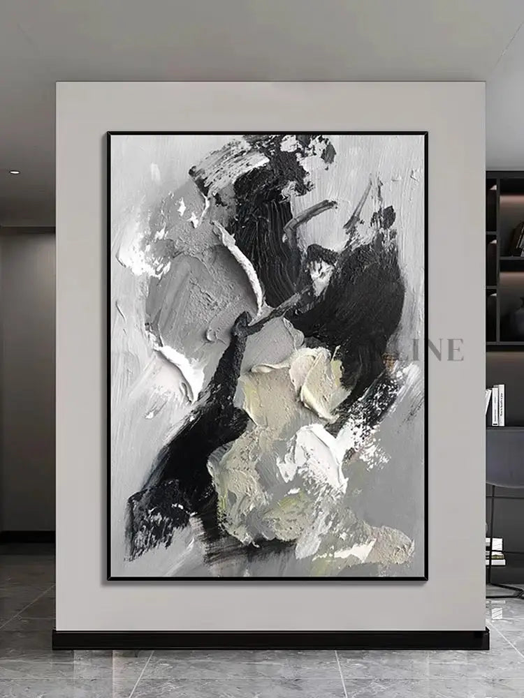 Black and Gray Heavy Textured Oil Painting - Hand Painting قماش جدار الفن