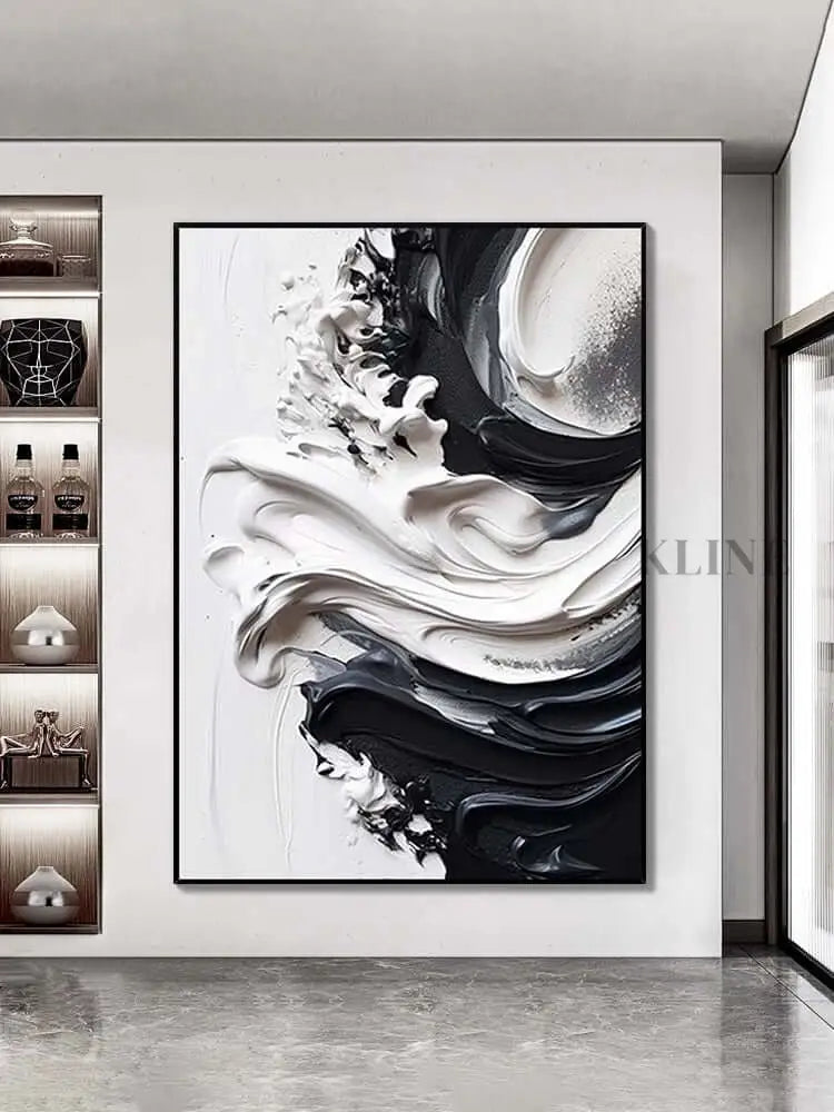Black and Heavy White Texture - Hand Painting Beige Wall Art