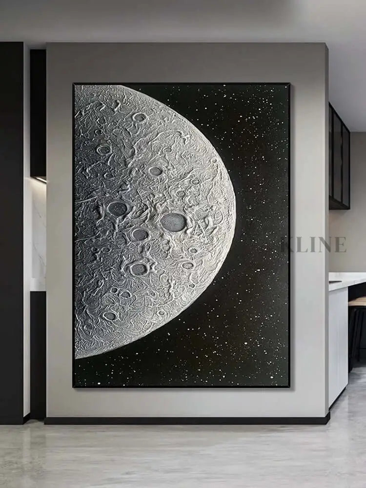 Black and Silver Moon Textured Wall Art - Hand Painting キャンバスウォールアート