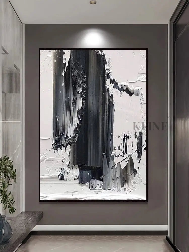 Black and White Brushstroke Textured Oil Painting - Hand Painting Dining Room Wall Art