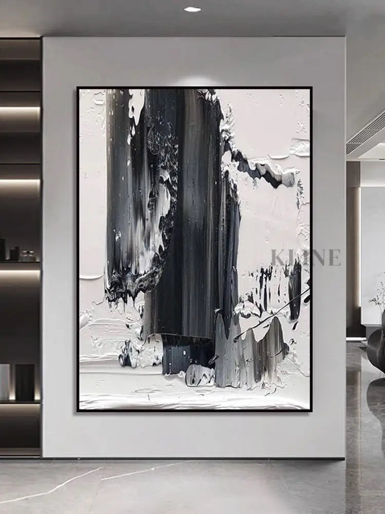 Black and White Brushstroke Textured Oil Painting - Hand Painting Dining Room Wall Art