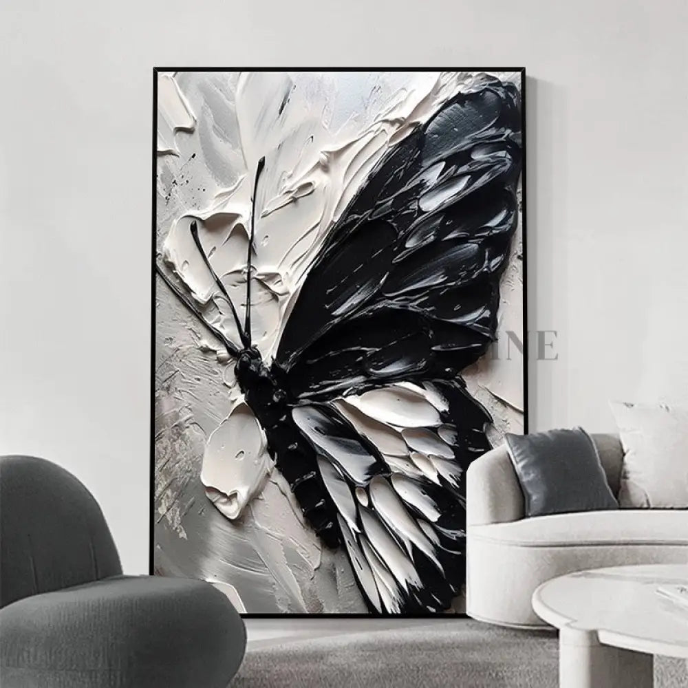 Black and White Butterfly Canvas Oil Painting with Texture - Hand Painting Art mural de salle à manger