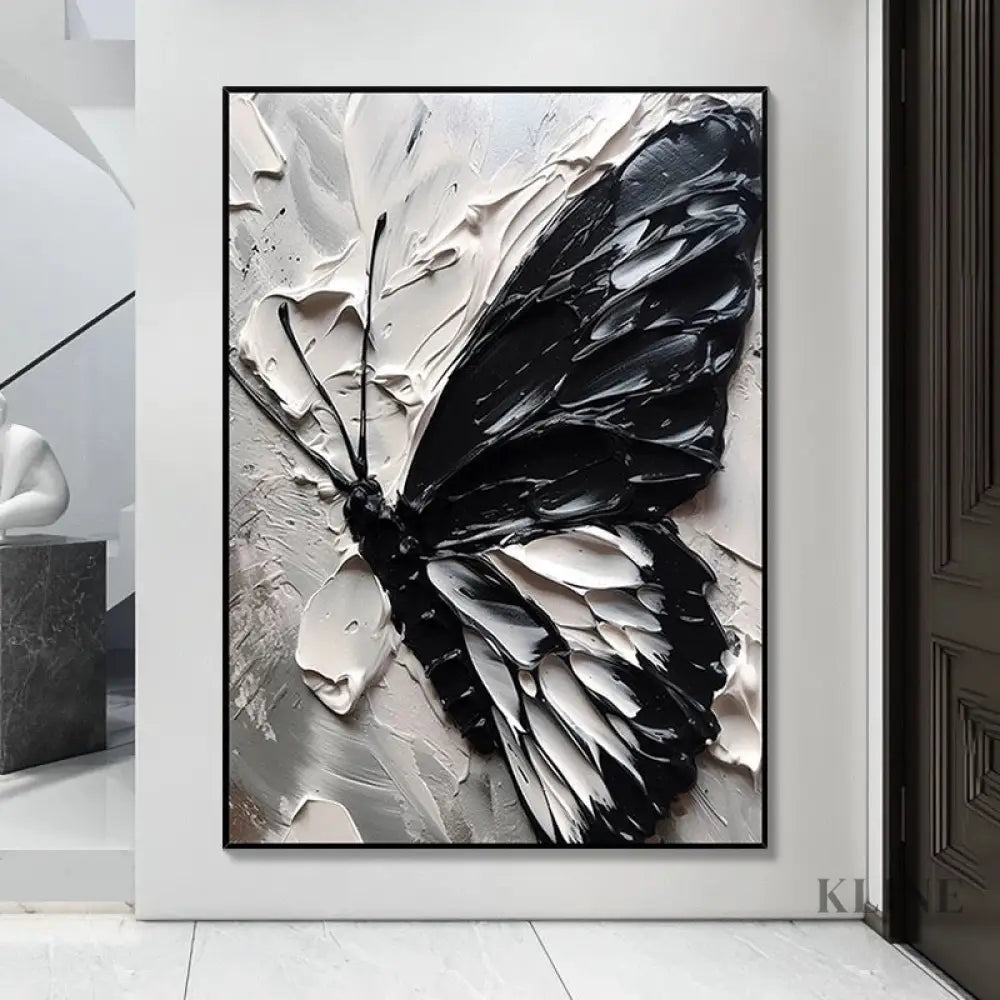 Black and White Butterfly Canvas Oil Painting with Texture - Hand Painting