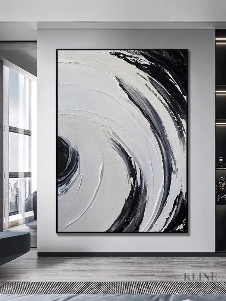 Black and White Circle Brushes Textured Painting - Hand Painting テクスチャーのあるウォールアート