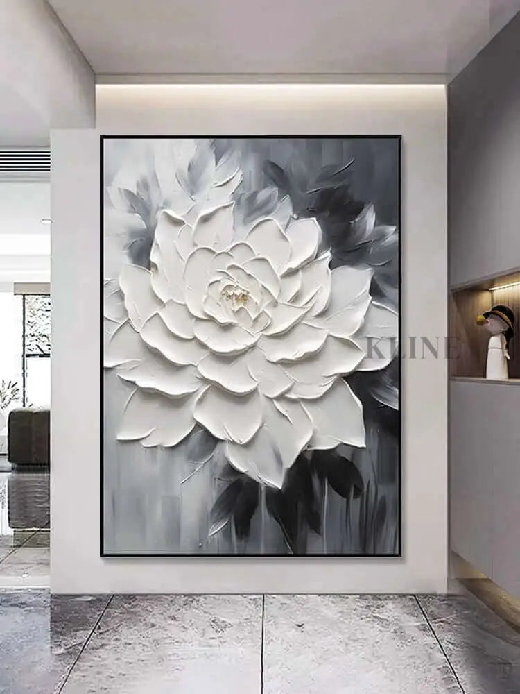 Black and White Floral Heavy Textured - Hand Painting Plaster Art