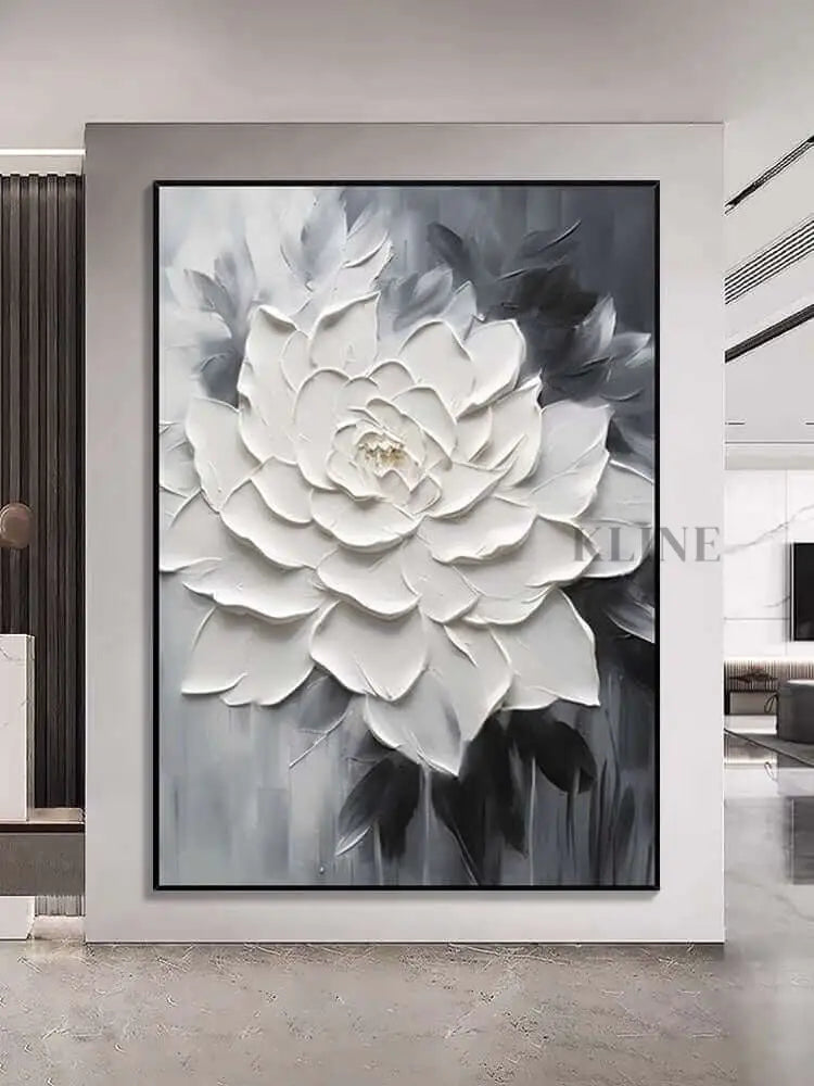 Black and White Floral Heavy Textured - Hand Painting Plaster Art