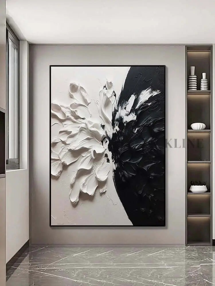 Black and White Floral Style Textured Wall Art - Hand Painting لوحات بالأبيض والأسود