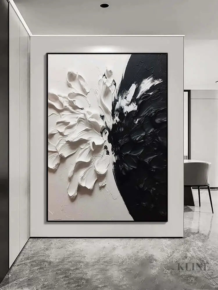 Black and White Floral Style Textured Wall Art - Hand Painting