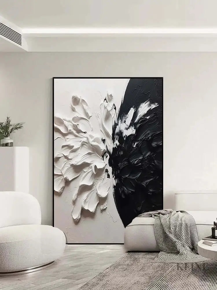 Black and White Floral Style Textured Wall Art - Hand Painting