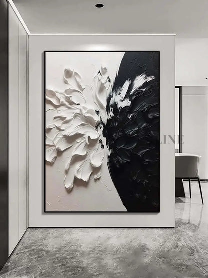 Black and White Floral Style Textured Wall Art - Hand Painting