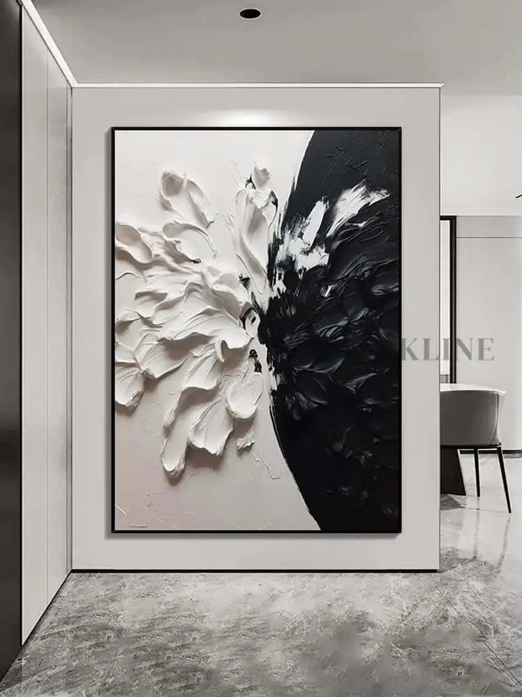 Black and White Floral Style Textured Wall Art - Hand Painting