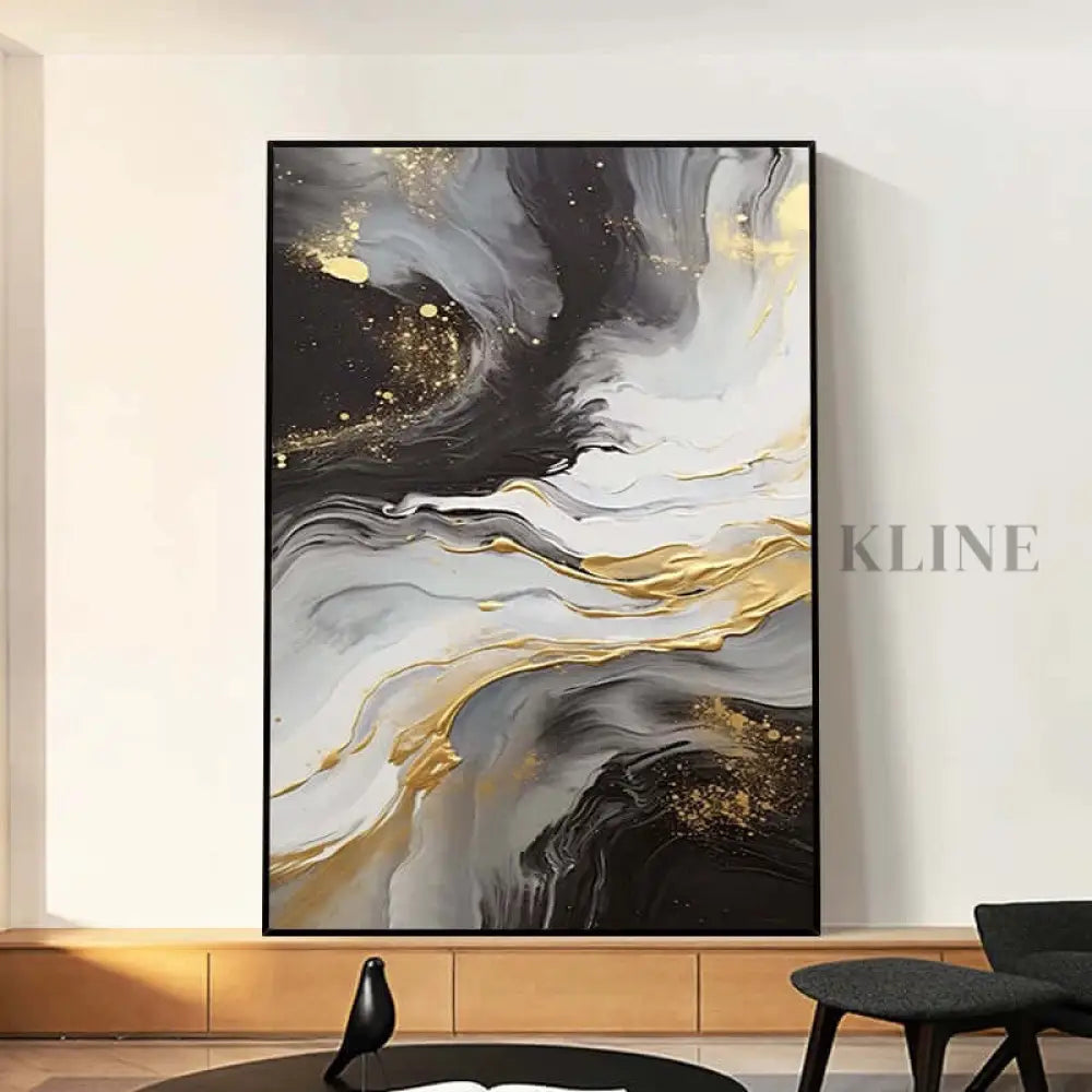 Black and White Golden Flow Textured Wall Art - Hand Painting Dining Room Wall Art