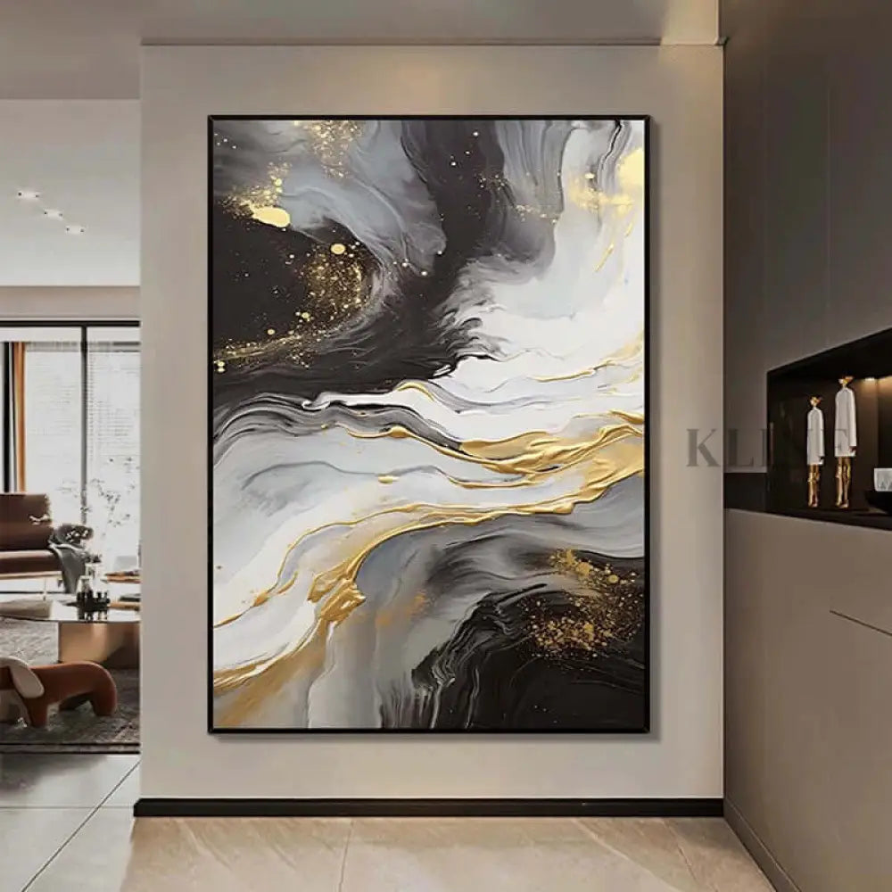 Black and White Golden Flow Textured Wall Art - Hand Painting Dining Room Wall Art