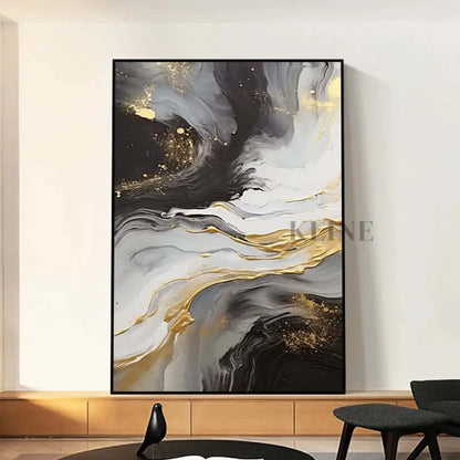 Black and White Golden Flow Textured Wall Art - Hand Painting