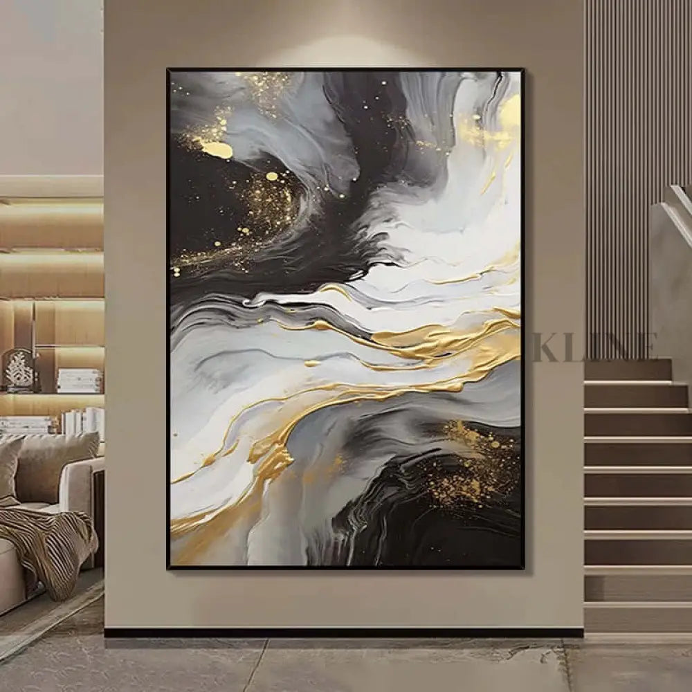Black and White Golden Flow Textured Wall Art - Hand Painting Dining Room Wall Art