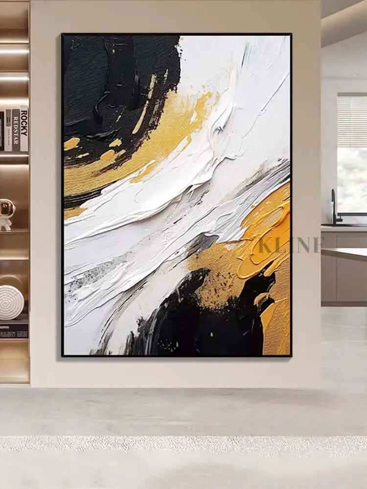 Black and White Golden Orange Texture - Hand Painting Arte de la pared del comedor