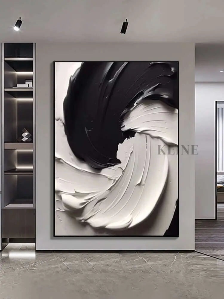 Black and white textured wall art highlighting thick paint layers and dynamic movement, perfect for modern decor. Große Wandkunst