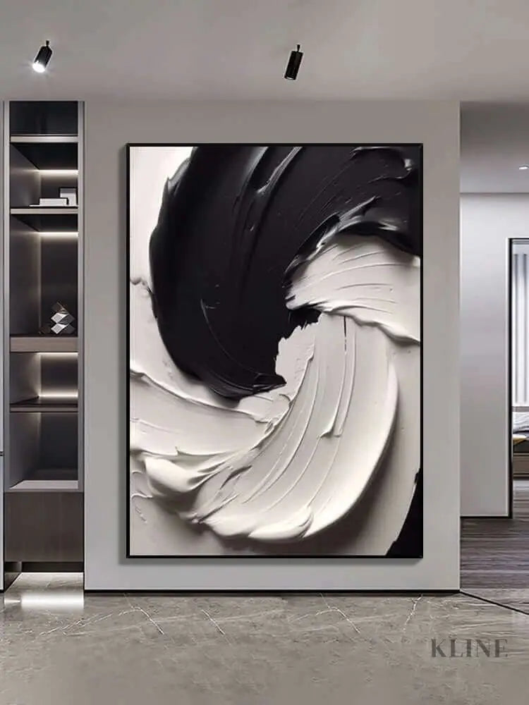 Black and white textured wall art highlighting thick paint layers and dynamic movement, perfect for modern decor. 