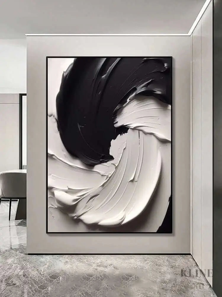 Black and white textured wall art featuring thick paint layers, showcasing dynamic movement and captivating contrast. 