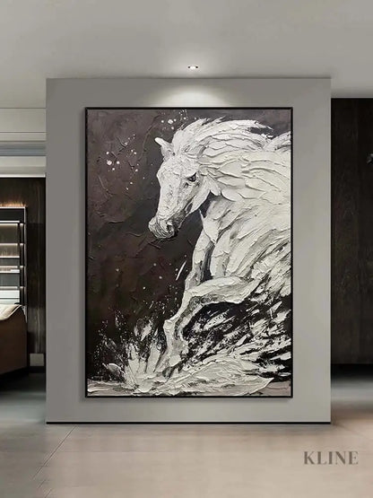 Black and White Horse Textured Wall Art - Hand Painting