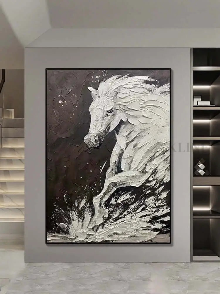 Black and White Horse Textured Wall Art - Hand Painting Black and White Paintings